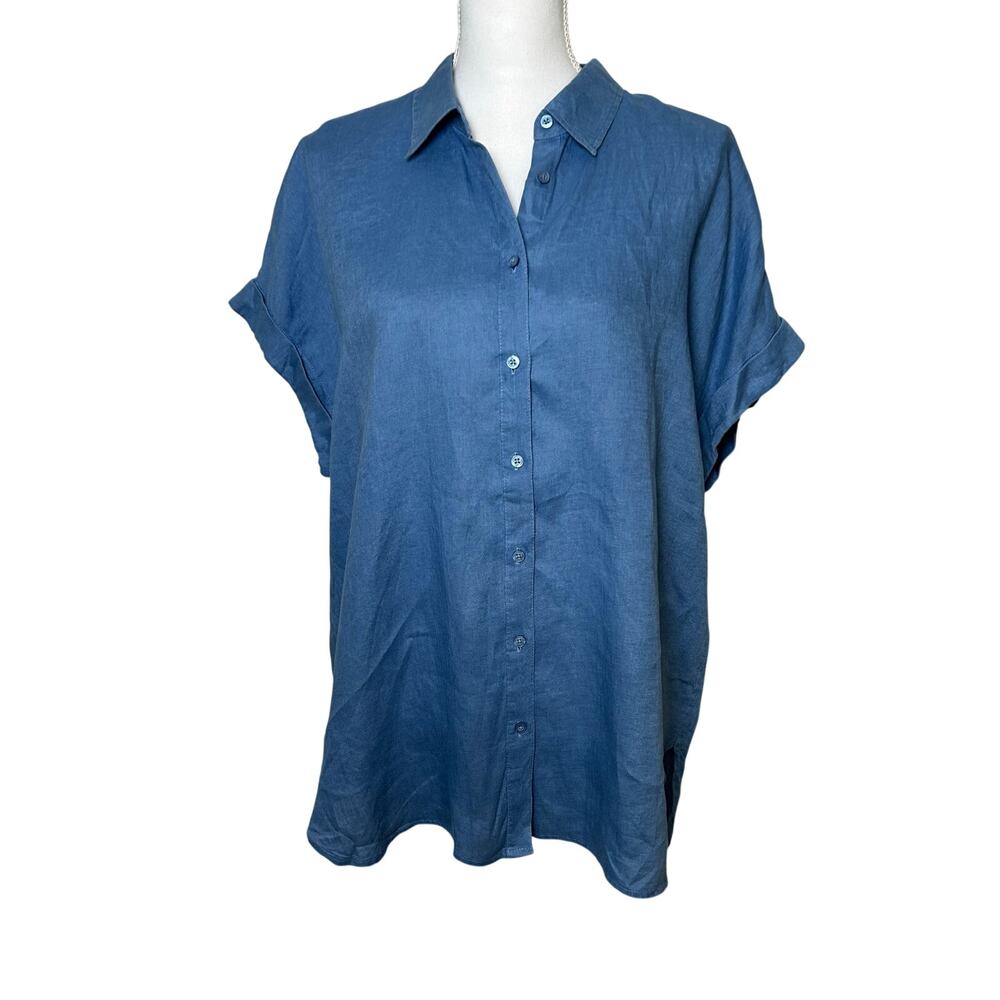 Lauren Ralph Lauren women's blue 100% linen dolman short sleeve button up sze XL